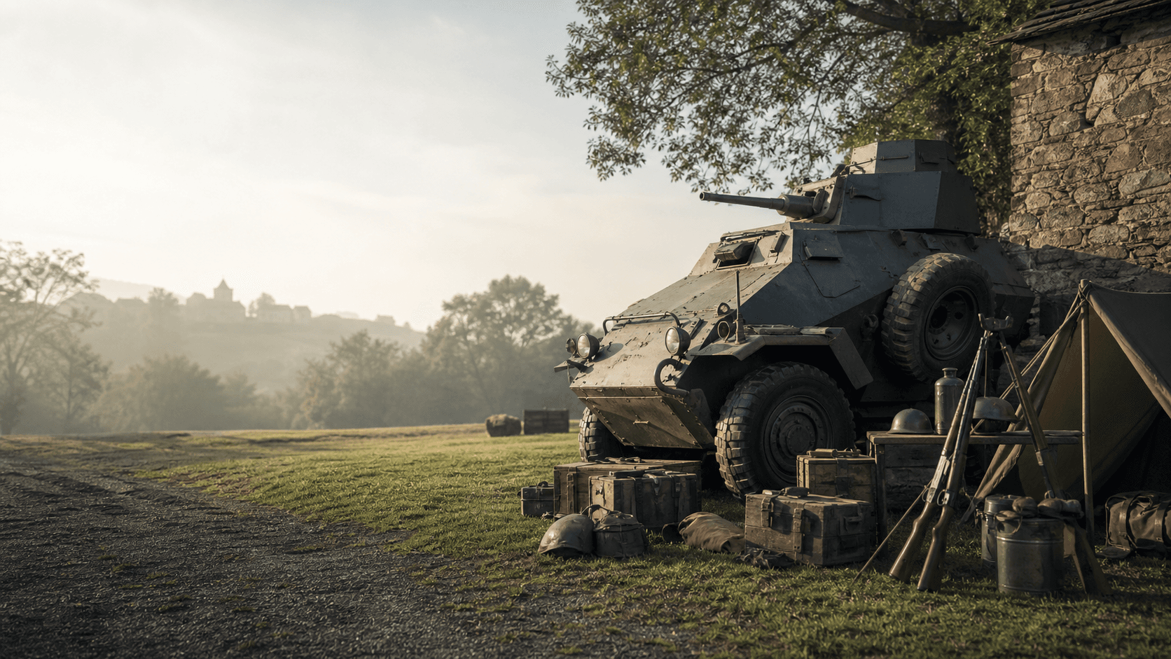 Restored historic military vehicle displayed outdoors.